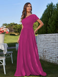 A-Line/Princess Chiffon Ruched One-Shoulder Short Sleeves Floor-Length Bridesmaid Dresses Formal Evening Dress