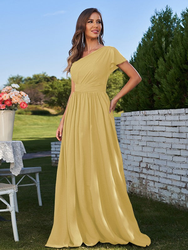 A-Line/Princess Chiffon Ruched One-Shoulder Short Sleeves Floor-Length Bridesmaid Dresses Formal Evening Dress