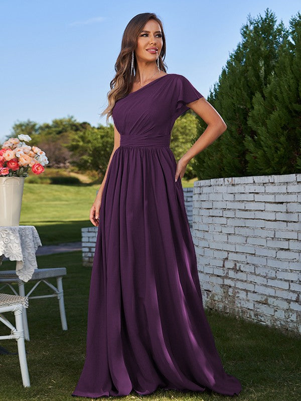 A-Line/Princess Chiffon Ruched One-Shoulder Short Sleeves Floor-Length Bridesmaid Dresses Formal Evening Dress