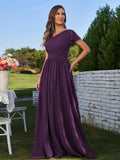 A-Line/Princess Chiffon Ruched One-Shoulder Short Sleeves Floor-Length Bridesmaid Dresses Formal Evening Dress