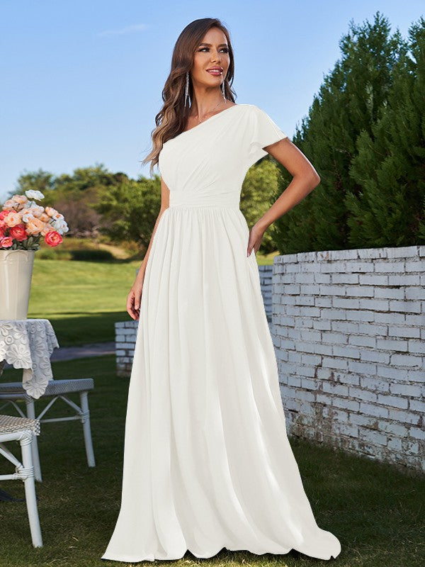 A-Line/Princess Chiffon Ruched One-Shoulder Short Sleeves Floor-Length Bridesmaid Dresses Formal Evening Dress