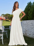 A-Line/Princess Chiffon Ruched One-Shoulder Short Sleeves Floor-Length Bridesmaid Dresses Formal Evening Dress