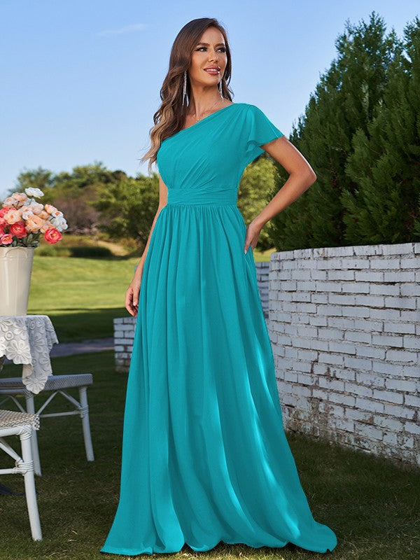 A-Line/Princess Chiffon Ruched One-Shoulder Short Sleeves Floor-Length Bridesmaid Dresses Formal Evening Dress