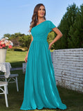 A-Line/Princess Chiffon Ruched One-Shoulder Short Sleeves Floor-Length Bridesmaid Dresses Formal Evening Dress