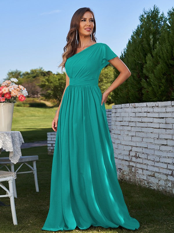 A-Line/Princess Chiffon Ruched One-Shoulder Short Sleeves Floor-Length Bridesmaid Dresses Formal Evening Dress