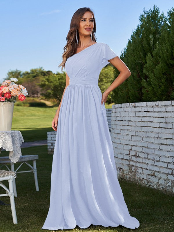 A-Line/Princess Chiffon Ruched One-Shoulder Short Sleeves Floor-Length Bridesmaid Dresses Formal Evening Dress