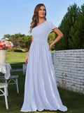 A-Line/Princess Chiffon Ruched One-Shoulder Short Sleeves Floor-Length Bridesmaid Dresses Formal Evening Dress