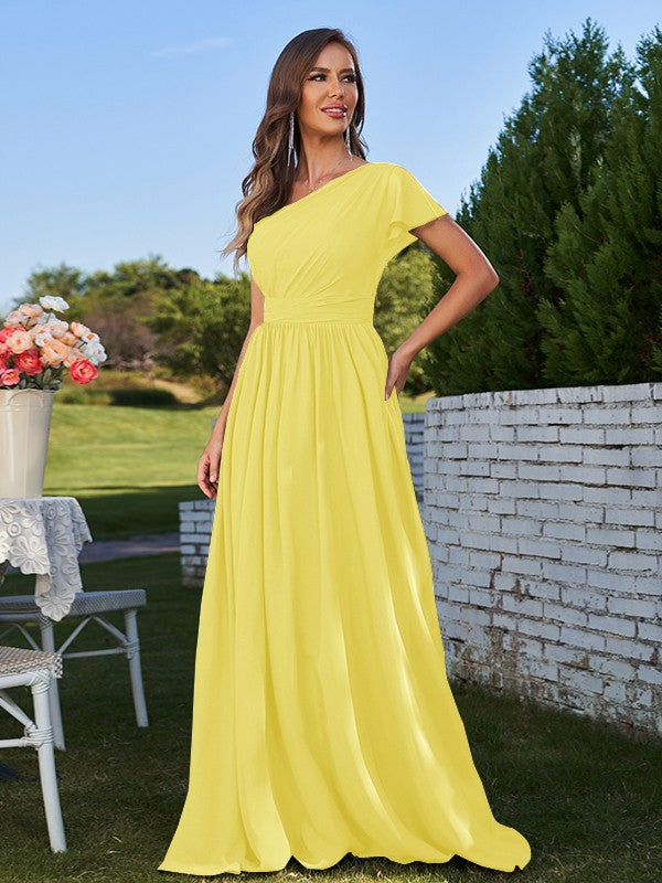 A-Line/Princess Chiffon Ruched One-Shoulder Short Sleeves Floor-Length Bridesmaid Dresses Formal Evening Dress
