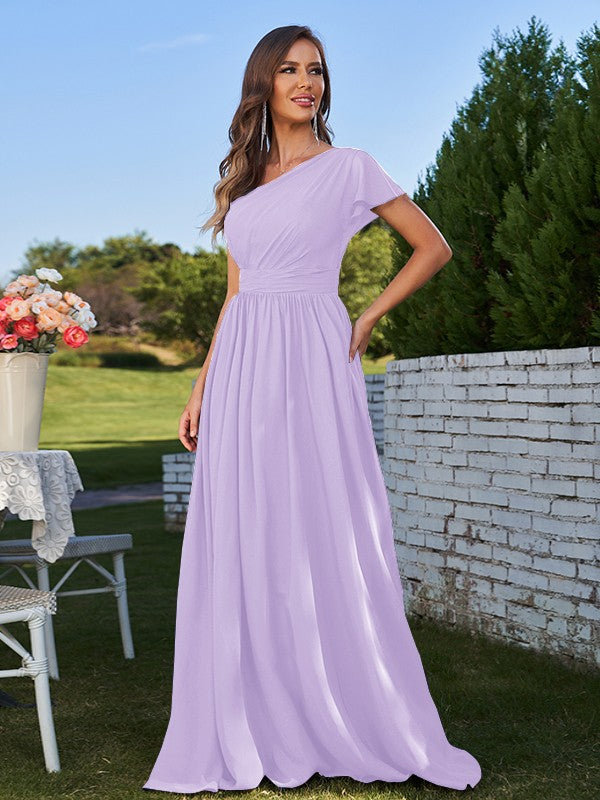 A-Line/Princess Chiffon Ruched One-Shoulder Short Sleeves Floor-Length Bridesmaid Dresses Formal Evening Dress