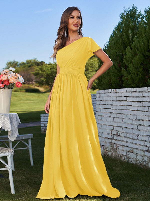 A-Line/Princess Chiffon Ruched One-Shoulder Short Sleeves Floor-Length Bridesmaid Dresses Formal Evening Dress