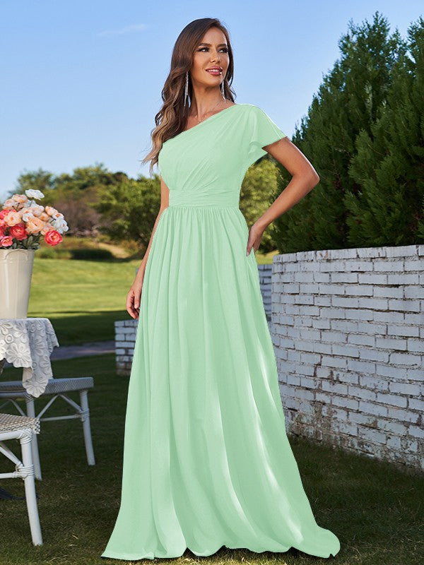 A-Line/Princess Chiffon Ruched One-Shoulder Short Sleeves Floor-Length Bridesmaid Dresses Formal Evening Dress
