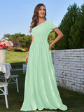 A-Line/Princess Chiffon Ruched One-Shoulder Short Sleeves Floor-Length Bridesmaid Dresses Formal Evening Dress
