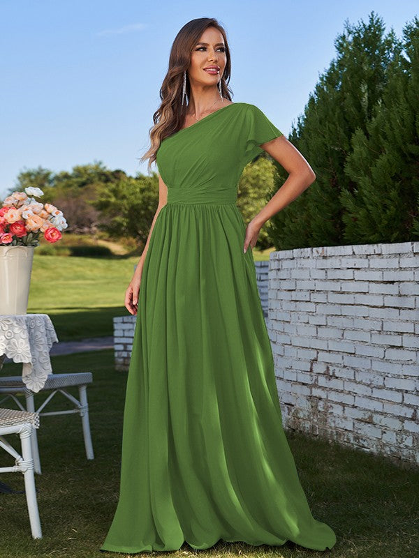 A-Line/Princess Chiffon Ruched One-Shoulder Short Sleeves Floor-Length Bridesmaid Dresses Formal Evening Dress