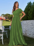 A-Line/Princess Chiffon Ruched One-Shoulder Short Sleeves Floor-Length Bridesmaid Dresses Formal Evening Dress