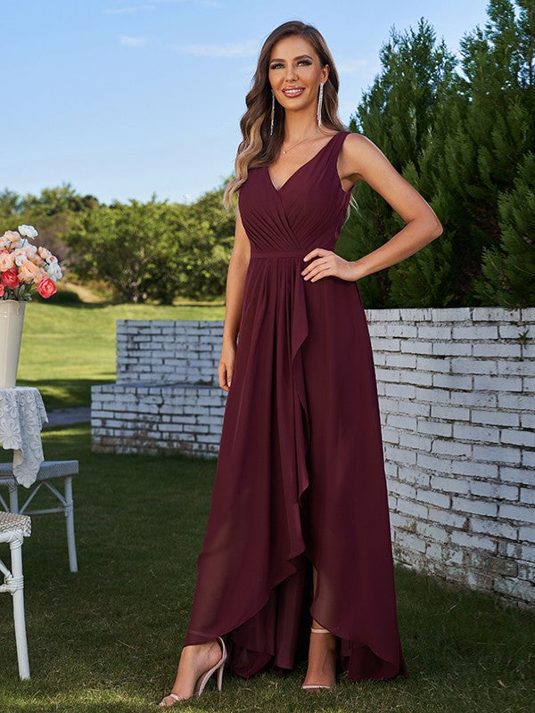 A-Line/Princess Chiffon Ruched V-Neck Sleeveless Floor-Length Bridesmaid Dresses Evening Prom Dress