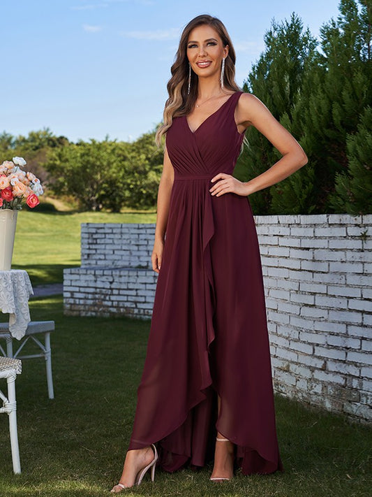 A-Line/Princess Chiffon Ruched V-Neck Sleeveless Floor-Length Bridesmaid Dresses Evening Prom Dress