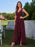 A-Line/Princess Chiffon Ruched V-Neck Sleeveless Floor-Length Bridesmaid Dresses Evening Prom Dress