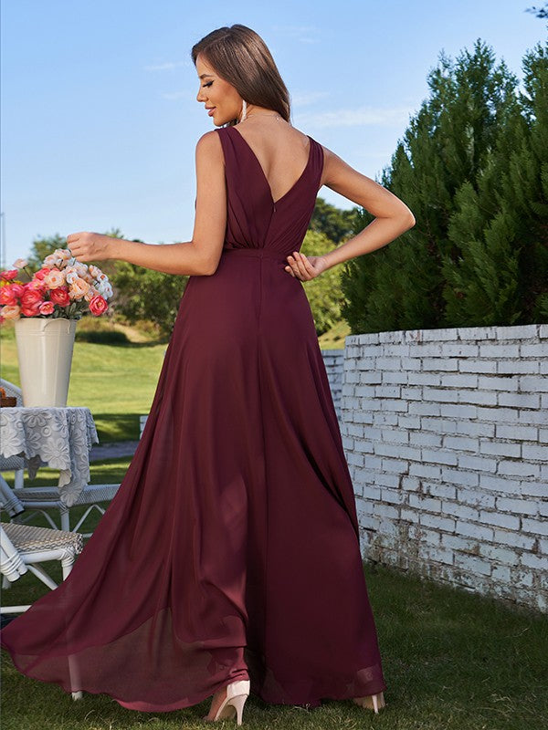 A-Line/Princess Chiffon Ruched V-Neck Sleeveless Floor-Length Bridesmaid Dresses Evening Prom Dress
