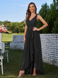 A-Line/Princess Chiffon Ruched V-Neck Sleeveless Floor-Length Bridesmaid Dresses Evening Prom Dress