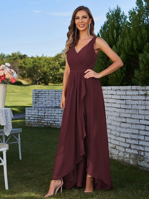 A-Line/Princess Chiffon Ruched V-Neck Sleeveless Floor-Length Bridesmaid Dresses Evening Prom Dress