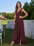 A-Line/Princess Chiffon Ruched V-Neck Sleeveless Floor-Length Bridesmaid Dresses Evening Prom Dress
