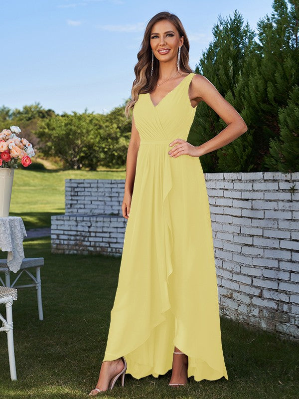 A-Line/Princess Chiffon Ruched V-Neck Sleeveless Floor-Length Bridesmaid Dresses Evening Prom Dress