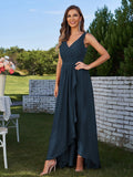 A-Line/Princess Chiffon Ruched V-Neck Sleeveless Floor-Length Bridesmaid Dresses Evening Prom Dress