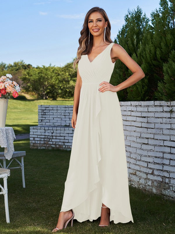 A-Line/Princess Chiffon Ruched V-Neck Sleeveless Floor-Length Bridesmaid Dresses Evening Prom Dress