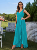 A-Line/Princess Chiffon Ruched V-Neck Sleeveless Floor-Length Bridesmaid Dresses Evening Prom Dress