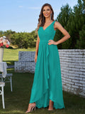 A-Line/Princess Chiffon Ruched V-Neck Sleeveless Floor-Length Bridesmaid Dresses Evening Prom Dress