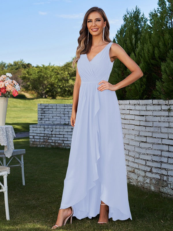 A-Line/Princess Chiffon Ruched V-Neck Sleeveless Floor-Length Bridesmaid Dresses Evening Prom Dress