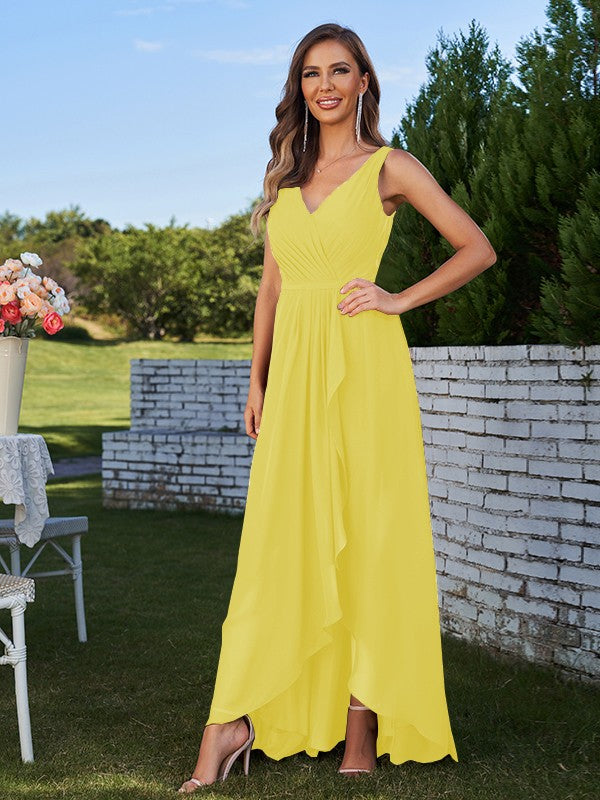 A-Line/Princess Chiffon Ruched V-Neck Sleeveless Floor-Length Bridesmaid Dresses Evening Prom Dress