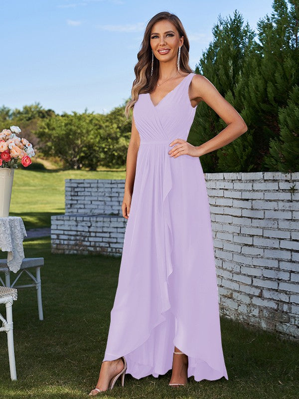 A-Line/Princess Chiffon Ruched V-Neck Sleeveless Floor-Length Bridesmaid Dresses Evening Prom Dress