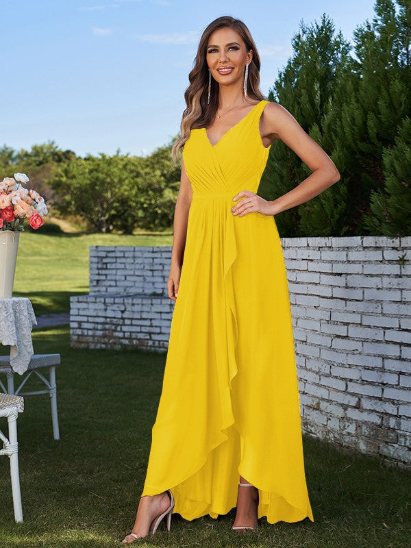 A-Line/Princess Chiffon Ruched V-Neck Sleeveless Floor-Length Bridesmaid Dresses Evening Prom Dress
