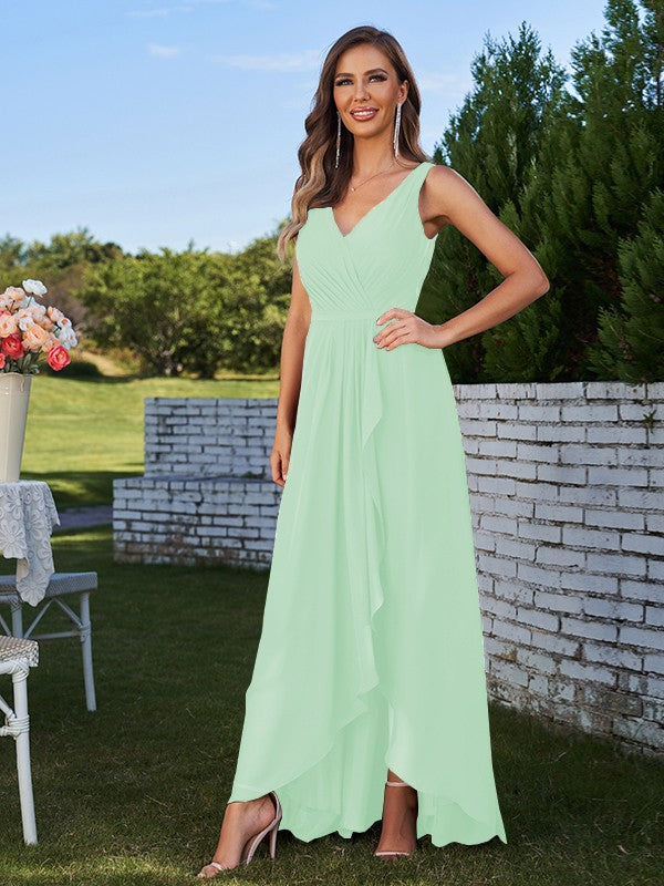 A-Line/Princess Chiffon Ruched V-Neck Sleeveless Floor-Length Bridesmaid Dresses Evening Prom Dress