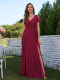 A-Line/Princess Chiffon Ruched V-Neck Short Sleeves Floor-Length Bridesmaid Dresses Formal Evening Dress