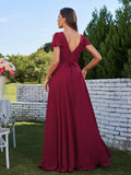 A-Line/Princess Chiffon Ruched V-Neck Short Sleeves Floor-Length Bridesmaid Dresses Formal Evening Dress