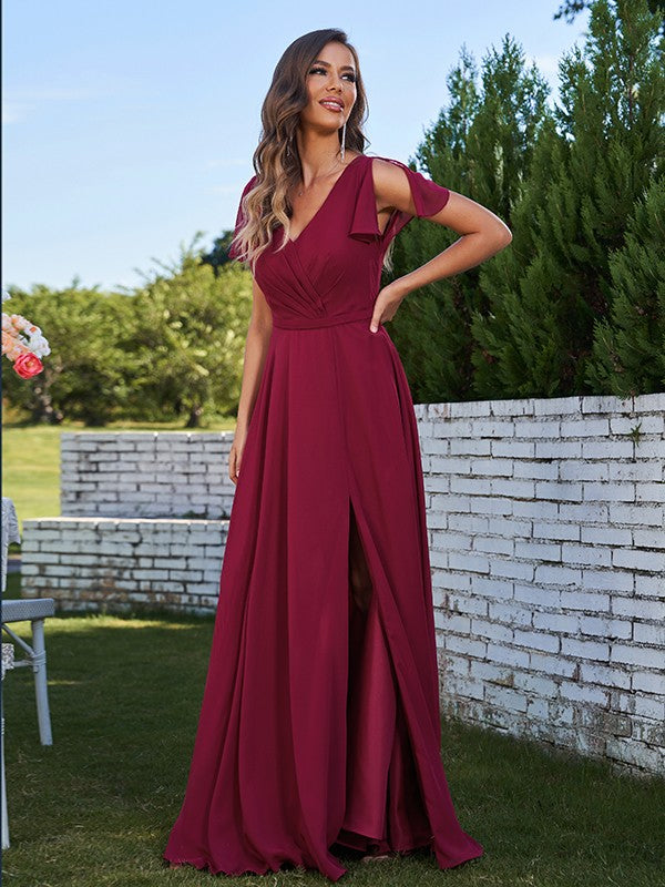 A-Line/Princess Chiffon Ruched V-Neck Short Sleeves Floor-Length Bridesmaid Dresses Formal Evening Dress