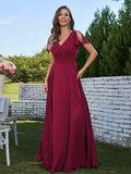 A-Line/Princess Chiffon Ruched V-Neck Short Sleeves Floor-Length Bridesmaid Dresses Formal Evening Dress