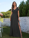 A-Line/Princess Chiffon Ruched V-Neck Short Sleeves Floor-Length Bridesmaid Dresses Formal Evening Dress