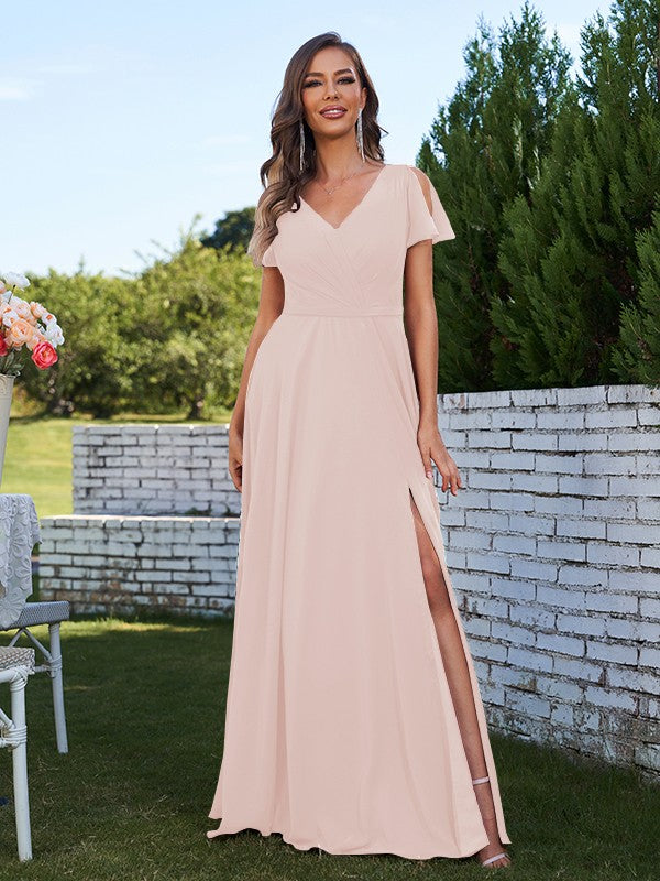 A-Line/Princess Chiffon Ruched V-Neck Short Sleeves Floor-Length Bridesmaid Dresses Formal Evening Dress