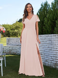 A-Line/Princess Chiffon Ruched V-Neck Short Sleeves Floor-Length Bridesmaid Dresses Formal Evening Dress