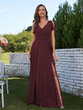 A-Line/Princess Chiffon Ruched V-Neck Short Sleeves Floor-Length Bridesmaid Dresses Formal Evening Dress