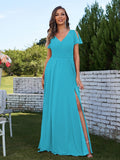 A-Line/Princess Chiffon Ruched V-Neck Short Sleeves Floor-Length Bridesmaid Dresses Formal Evening Dress