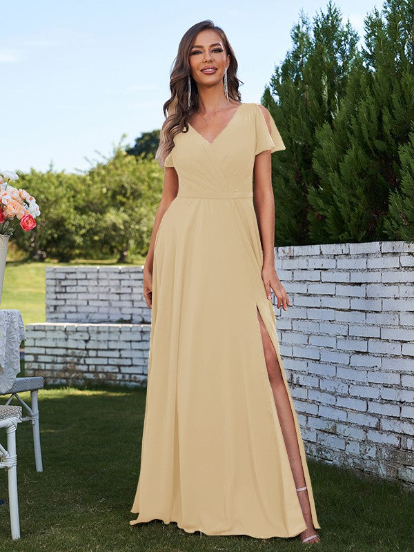 A-Line/Princess Chiffon Ruched V-Neck Short Sleeves Floor-Length Bridesmaid Dresses Formal Evening Dress