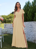 A-Line/Princess Chiffon Ruched V-Neck Short Sleeves Floor-Length Bridesmaid Dresses Formal Evening Dress