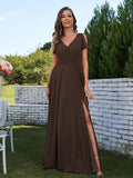 A-Line/Princess Chiffon Ruched V-Neck Short Sleeves Floor-Length Bridesmaid Dresses Formal Evening Dress