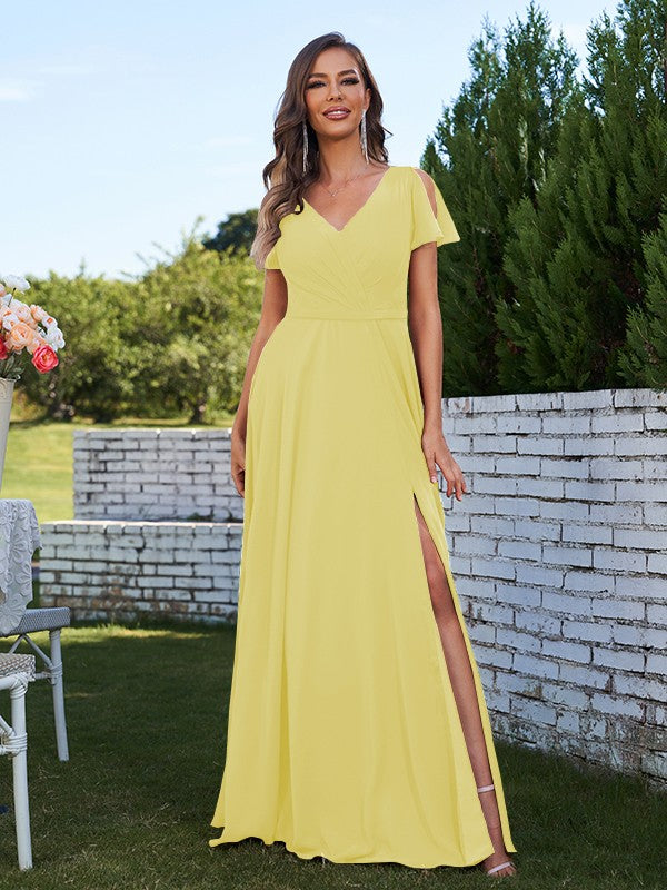 A-Line/Princess Chiffon Ruched V-Neck Short Sleeves Floor-Length Bridesmaid Dresses Formal Evening Dress