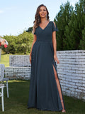 A-Line/Princess Chiffon Ruched V-Neck Short Sleeves Floor-Length Bridesmaid Dresses Formal Evening Dress