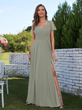 A-Line/Princess Chiffon Ruched V-Neck Short Sleeves Floor-Length Bridesmaid Dresses Formal Evening Dress